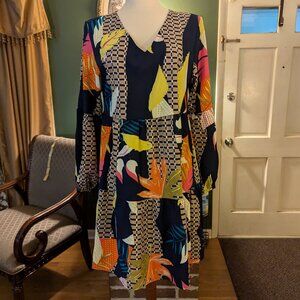 Women's Size L Blue Yellow Orange Multicolored Floral Long Sleeve Swing Dress